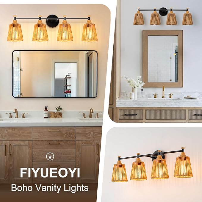 Bathroom Light Fixtures Vanity Lights Over Mirror, Rustic Farmhouse Rattan Wall Sconce with Boho Hand Woven Wall Lamp Natural Style Wall Mounted Light (30in - 5 Light)