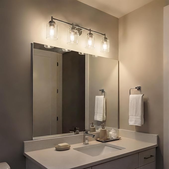 Kichler Winslow 30" Vanity Light in Brushed Nickel, 4-Light Transitional Bathroom Light with Clear Seeded Glass. (30" W x 9.25" H), 45887NI