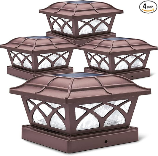SIEDiNLAR Solar Post Cap Lights Outdoor Glass 2 Color Modes 8 LEDs for 4x4 5x5 6x6 Posts Deck Fence Patio Decoration Warm White & Cool White Lighting Brown (4 Pack)