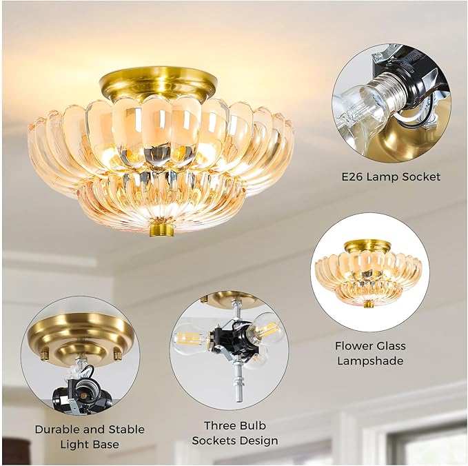 Semi Flush Mount Ceiling Light Fixture Vinatge Gold Ceiling Lights Mid Century Modern Glass Close to Ceiling Lighting Fixtures for Bedroom Hallway Foyer Bathroom Kitchen Laundry Room Nursery