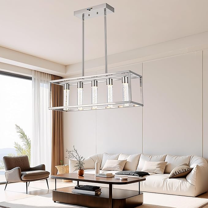 MELUCEE 5 Lights Chandeliers for Dining Room with Crystal Bubble, 25W 5 Color Dining Room Light Fixture Brushed Nickel, LED Island Lights for Kitchen Island Billiard Room, 3000-6000K Adjustable