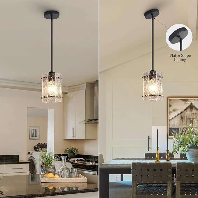 Black Glass Pendant Lights Kitchen Island, Water Ripple Round Pendant Lights Adjustable Modern Hanging Pendant Light Fixtures for Kitchen Island Dining Room Above Sink Foyer Entryway 2 Pack