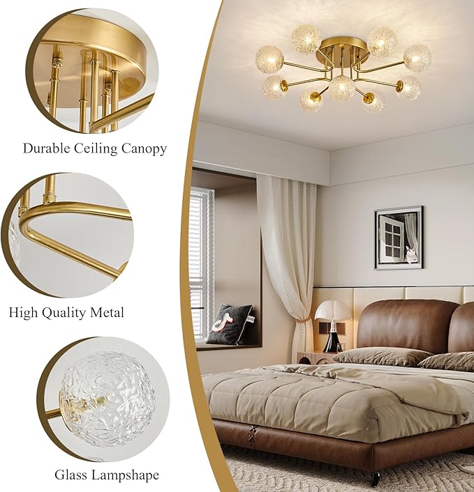 Sputnik Semi Flush Mount Ceiling Light Gold Glass Globe Chandelier Ceiling Lighting Mid Century Modern 9 Lights Bubble Chandelier for Dining Living Room Bedroom