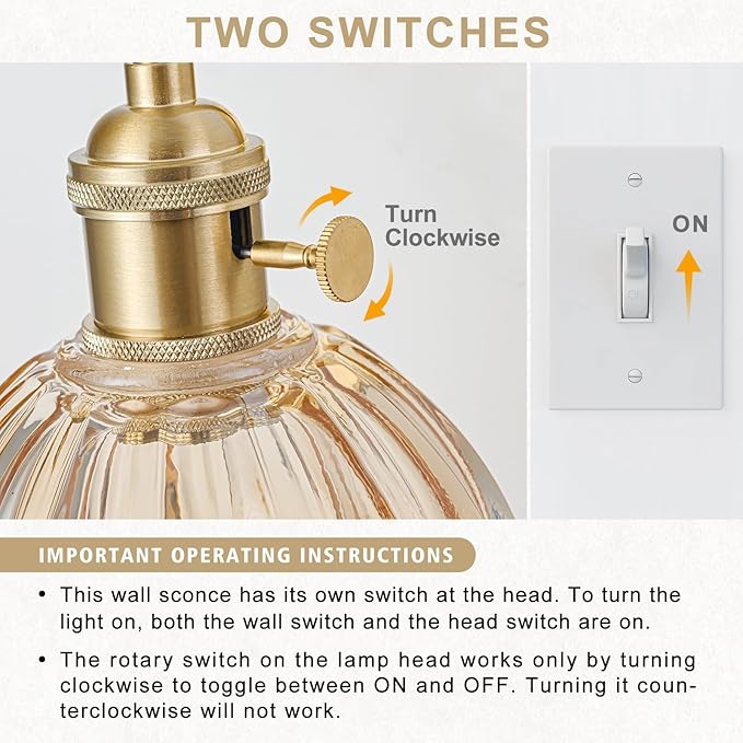 Hardwired Wall Sconce Light, Vintage Wall Sconce with Switch, Gold Wall Light Fixture with Tulip Amber Glass Lampshade, Indoor Wall Light for Bedroom Bathroom, Bedside Wall Lamp