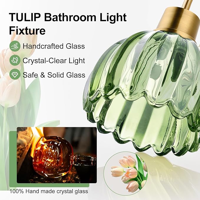 4-Light Bathroom Light Fixtures, 27" Brushed Gold Vanity Lights for Bathroom with Ribbed Green Tulip Glass Shade, Vintage Bathroom Vanity Lighting Fixtures Over Mirror for Bedroom Living Room Hallway