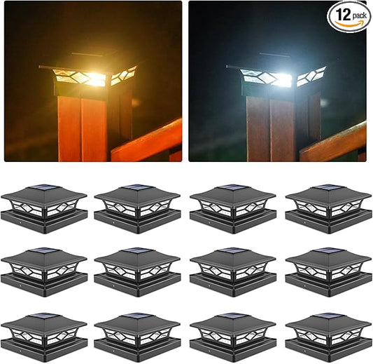 VOLISUN Solar Post Cap Lights: 12 - Pack Outdoor Deck Post Cap Lights Black for Dock Fence Waterproof 2 Color Modes,4x4/6x6 Wooden/Vinyl Posts