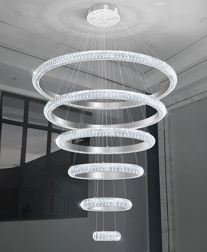 47" 6 Ring Crystal Chandelier Modern LED Dimmable Ring Pendant Light Chandelier for Dining Room Living Room Silver