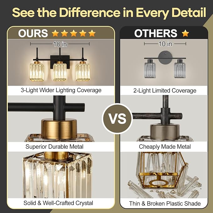 Torondo Modern Crystal 3-Light Vanity Lights for Bathroom Gold Bathroom Lights Over Mirror Black and Gold Vanity Lighting Fixtures Square Shade Brass Wall Sconce (Bulbs Not Include)