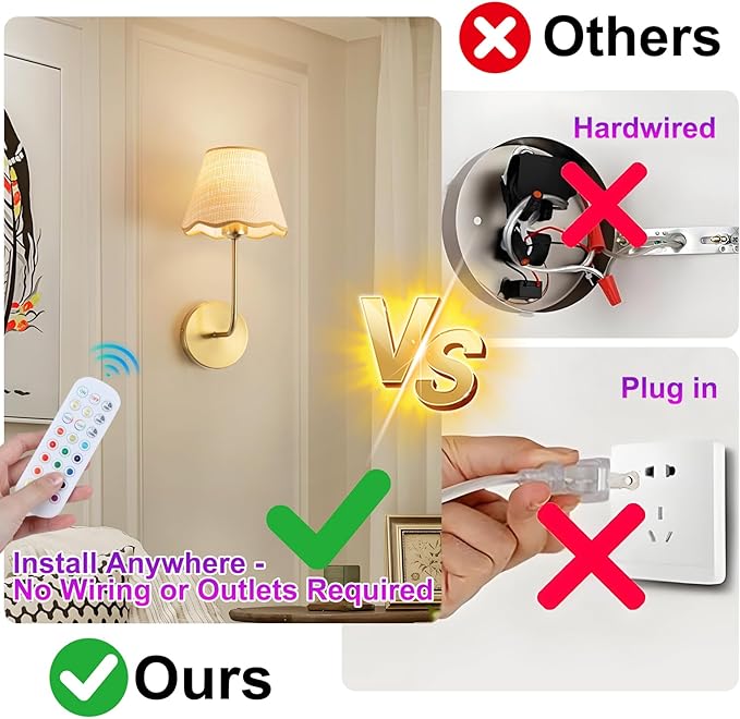 ADISUN Battery Operated Wall Sconce Set of 2, Gold Wall Lamps for Living Room, Rechargeable Bulbs, RGB. Rattan Shade Wireless Wall Lights for Bedroom Living Room Hallway Kitchen(Bulbs Included)