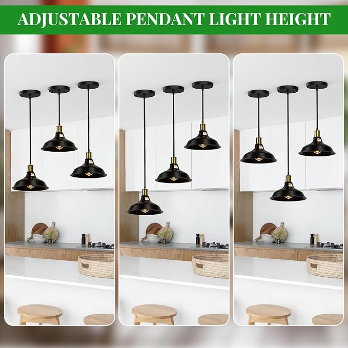 3 Light Pendant Lighting, Farmhouse Hanging Light Fixture for Kitchen Island & Dining Room, Industrial Vintage Ceiling Lamp with E26 Base, Adjustable Height, Black and Gold with Metal Shade