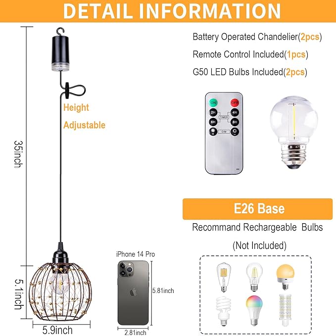 TWINKVILLA Hanging Pendant Lights, Battery Operated Outdoor Chandelier with Warm White LED Bulb for Patio Tree Pergola Gazebo Porch (Beaded Ball-G50-2PK)