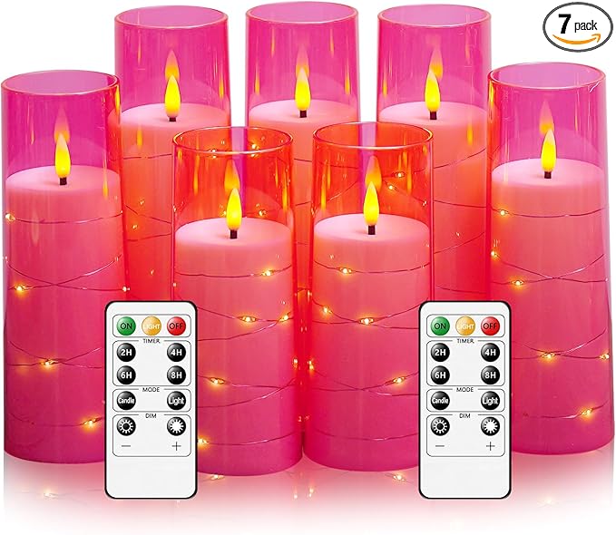 Flameless Candles,with Embedded Star String, Battery Operated Candles Flickering LED Pillar Candles with Remote Control and Timer, Home Decoration Add a Warm and Romantic Atmosphere，Set of 7 (Pink)