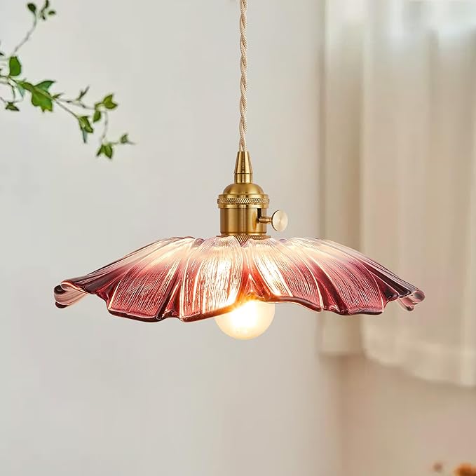 Vintage Pendant Light Fixture Glass Hanging Light Fixture Folwer Light Pendant Lights Modern Lighting for Bedroom Kitchen Island Hallway Bathroom Purple Sunflower