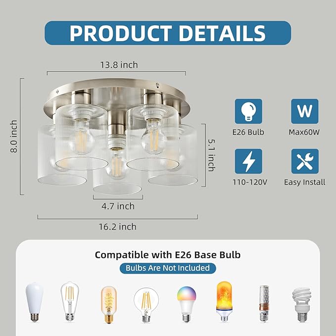 OKELI 5-Lights Semi Flush Mount Ceiling Light Kitchen Lighting Fixtures Ceiling Brushed Nickel Kitchen Cieling Light Fixtures with Clear Glass Shade for Dining Room Entryway Foyer Hallway