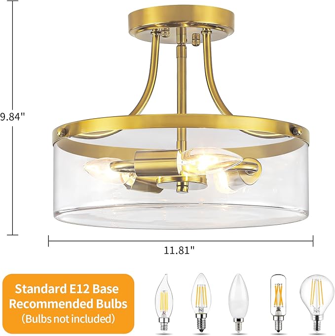 Brushed Gold Semi Flush Mount Ceiling Light, 11.81" Kitchen Lighting Fixtures Ceiling with Glass Shade, 3-Light Modern Hallway Light Fixtures for Entryway Bedroom Bathroom Foyer Laundry Dining Room