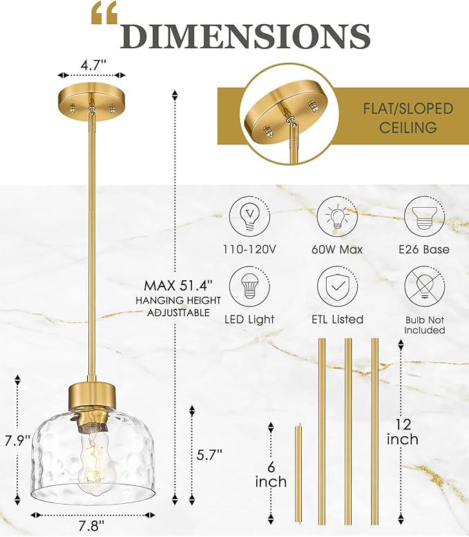 Gold Pendant Lights Kitchen Island, 8" Hanging Light Fixtures with Hand-Blown Hammered Clear Glass, Modern Brass Kitchen Pendant Lighting Over Island for Dining Room, AD-24024-1PL-GD-H