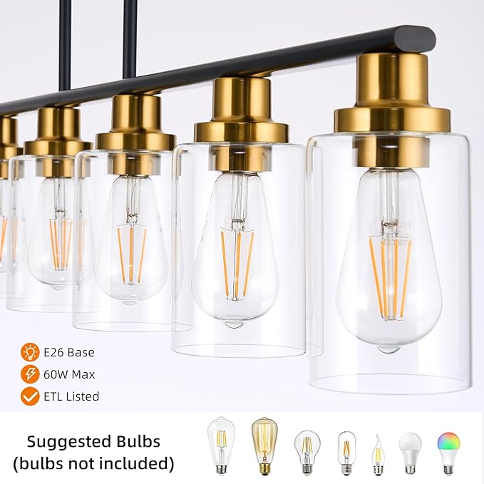 Island Light for Kitchen, 6-Light Farmhouse Dining Room Light Fixture with Clear Glass Shade, 44.3'' Matte Black and Gold Linear Chandelier Pendant Lighting for Dining Table Kitchen Living Room