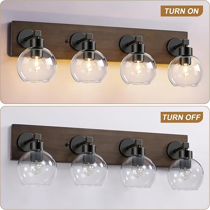 Farmhouse Bathroom Vanity Light Fixtures, Bathroom Light Fixtures Over Mirror,4-Light Rustic Black Wood Wall Sconces, Vintage Vanity Light for Bathroom with Clear Glass Shade (Black, 4-Light)