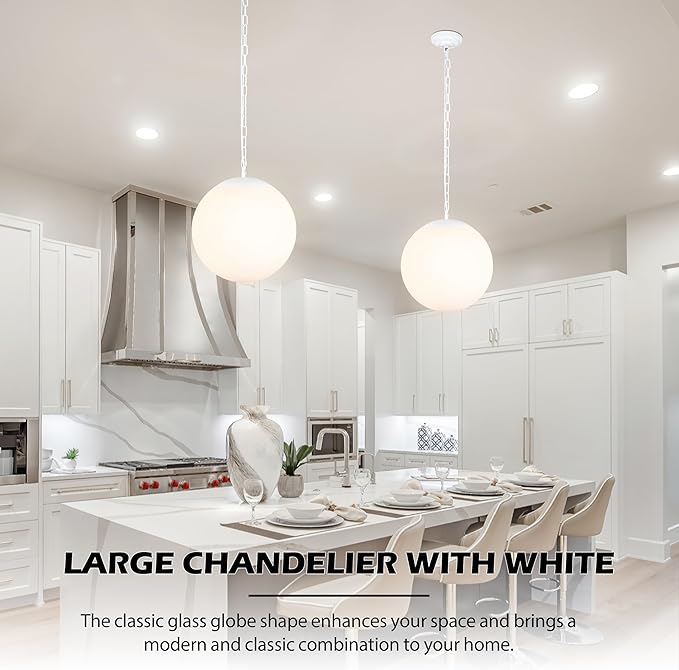 KoKo&Yukina 14 Inch Globe Pendant Light Adjustable White Globe Pendant Lights Kitchen Island Mid Century Light Fixture with Milky White Glass Shade for Living Room