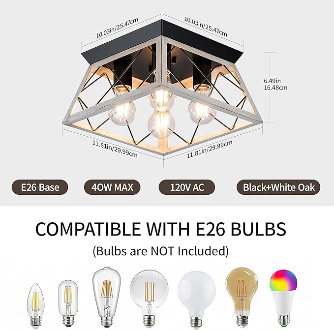 4-Lights Close to Ceiling Light,Industrial Ceiling Light Fixture for Dining Room, Kitchen, Living Room, Hallway, Entry, Laundry - E26 Base (No Bulb)