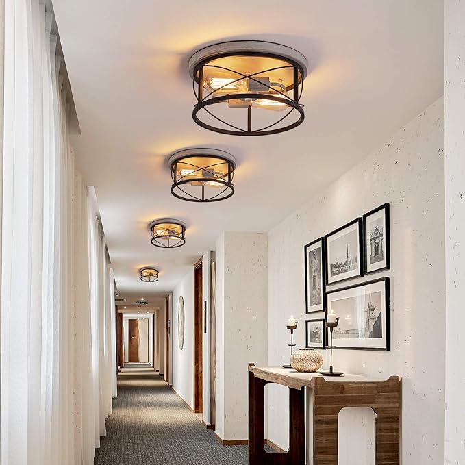 Q&S Flush Mount Ceiling Light Fixture Farmhouse Rustic Oak White and ORB Lighting for Hallway Entryway Kitchen Dining Room Bedroom Garage Gazebo Locker 2 Lights UL Listed