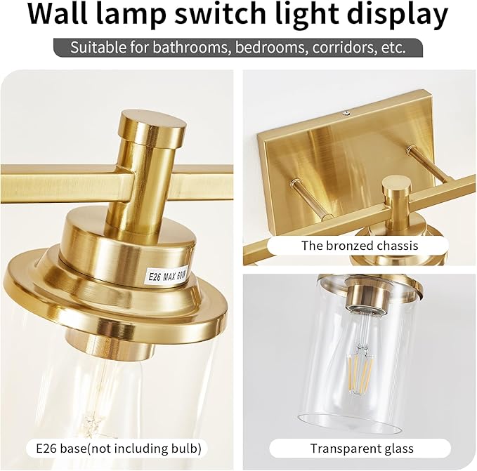 3 Light Gold Bathroom Vanity Light Over Mirror, Brushed Brass Vanity Light Fixture Modern Bath Wall Sconce Lighting Wall Mount Light Over Mirror for Vanity Table, Mirror, Bathroom