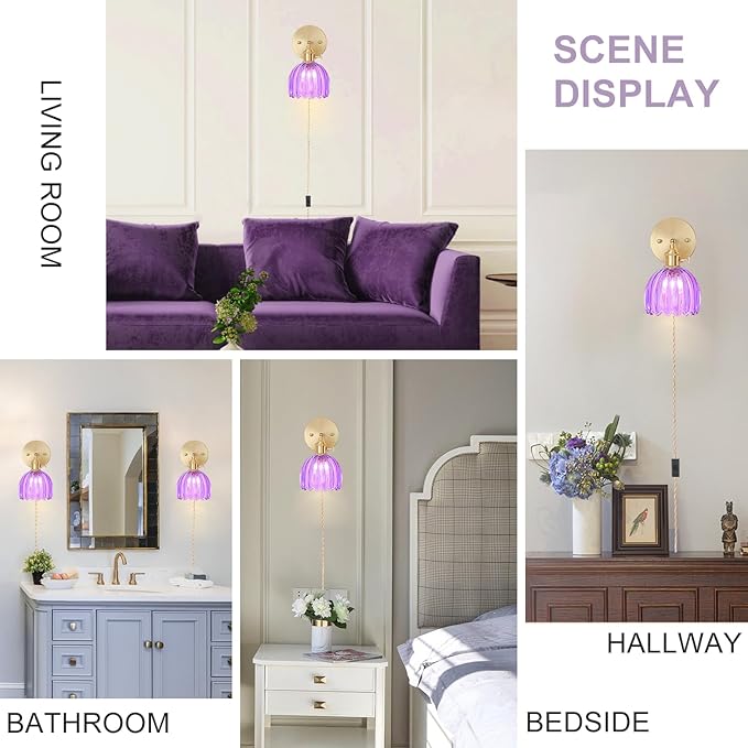Plug in Wall Sconces Set of 2, Vintage Wall Sconce Light with Tulip Purple Glass Lampshade, Bedroom Wall Sconce with Switch and Plug in wall lamp Cord, Gold Wall Light Wall Decor Set of 2