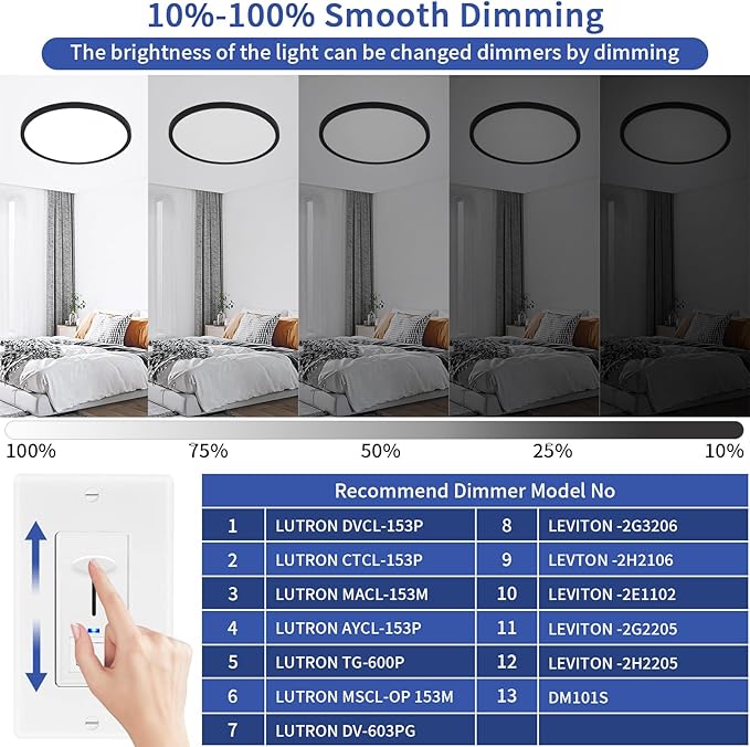 16 inch LED Flush Mount Ceiling Light, 32W 3200lm Dimmable Ceiling Light Fixtures, 3000K/4000K/6500K Selectable, Ultra Thin Round Lamp for Bedroom Kitchen Living Room Dining Room, Black