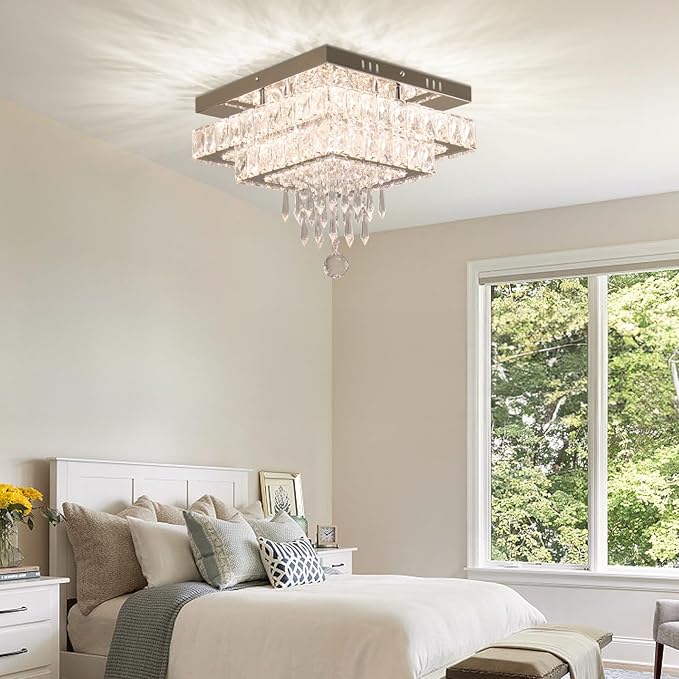 Finktonglan Crystal Chandeliers, 13'' Modern LED Chandelier Ceiling Light with Multilayer Crystal, Square Flush Mount Ceiling Light for Dining Room Bedrooms Entryway Living Room (Multicolor)