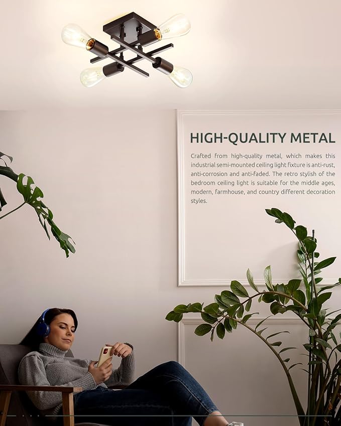 Industrial 4-Light Semi Flush Mount Ceiling Light Fixture, Farmhouse Oil Rubbed Bronze Chandelier Lighting, Modern E26 Base Sputnik Ceiling Lamp for Kitchen Living Room Hallway Entryway