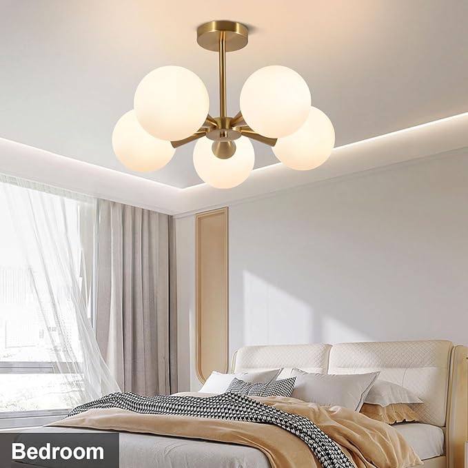 Bektas 5-Lights Semi Flush Mount Ceiling Light Fixture Brushed Gold Light Fixture Straight Bar Modeling with Milk Glass Globe for Bedroom,Living Room, Dinning Room Foyer Hallway