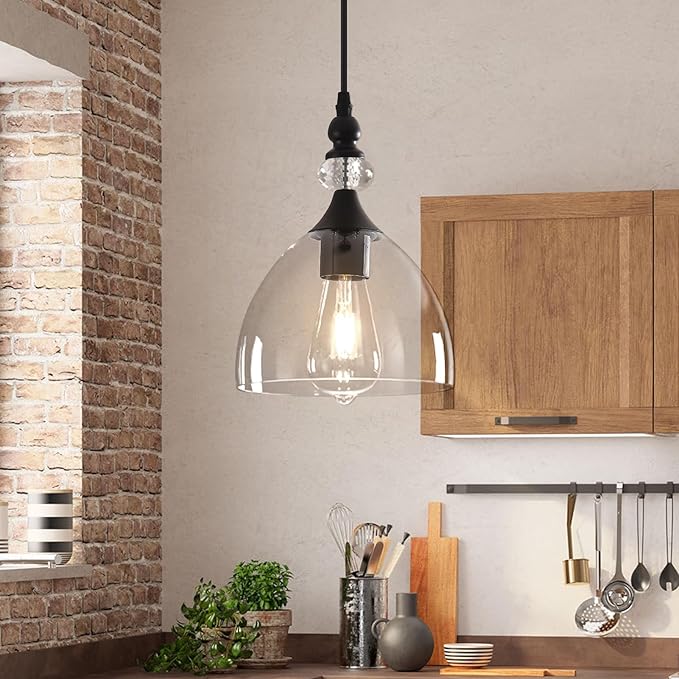 Pendant Ligh for Dining Room, Brushed Gold Pendant Light Kitchen Island, Modern Pendant Lights with Glass Shade for Living Room, Foyer, Bedroom, Hallway, Black/Clear, 2 Pack