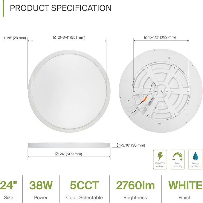 ASD LED 24" Round Flush Mount Ceiling Light Fixture, Low Profile Surface Lighting | 5CCT, Dimmable, Ultra-Thin, ETL Listed | 38W 2700LM 2700-6000K 100-277V | Kitchen, Bedroom, Hallway Lamp | White