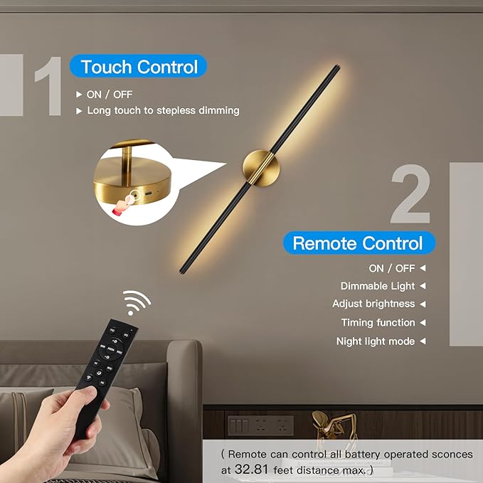 Battery Operated Wall Sconces Set of Two, 360°Rotate Wireless Wall Sconces with Remote Control Dimmable Timing, Black Gold Rechargeable Modern Decor Lights for Hallway Living Room, 31.5 Inch