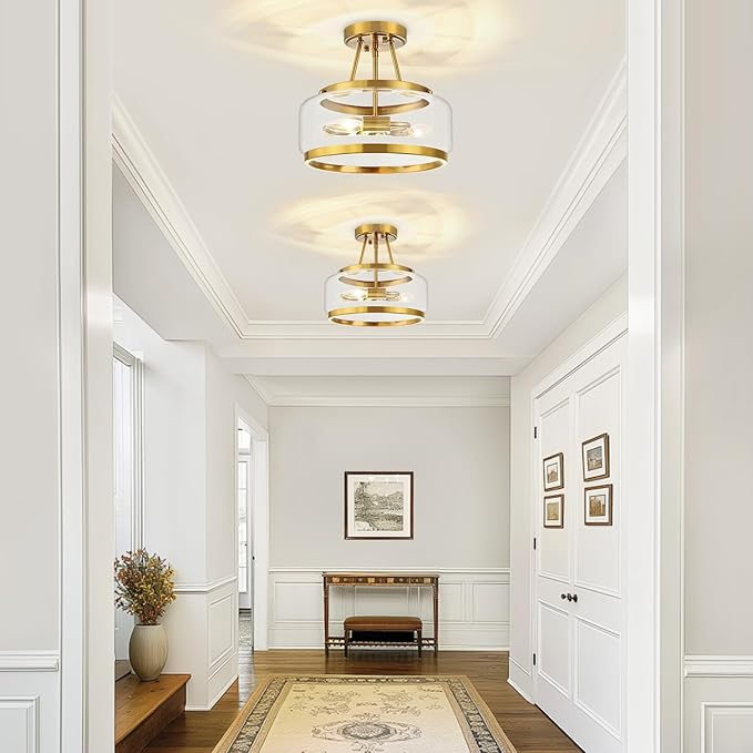 11.81" Gold Semi Flush Mount Ceiling Light Modern Glass Drum Ceiling Light Fixture 3-Light Ceiling Lights for Hallway Entryway Bedroom Kitchen Dining Room Laundry Room Close to Ceiling Light Fixtures