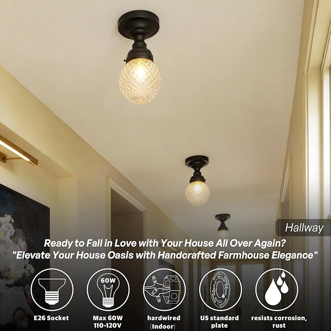 Schoolhouse Semi Flush Mount Ceiling Light,Black Close to Ceiling Light Fixtures with Hand-Blown Glass Shade Modern Hallway Ceiling Lamp for Laundry Entryway Kitchen Bathroom E26