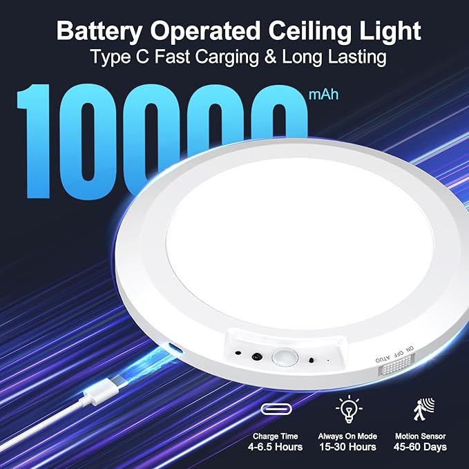 Yunaking 2 Pack Rechargeable Ceiling Light with Motion Sensor: Battery Operated LED Closet Light with Remote & Timing - Wireless Dimmable Magnetic Mount Shower Lamp for Bathroom/Stairs/Garage/Hallway