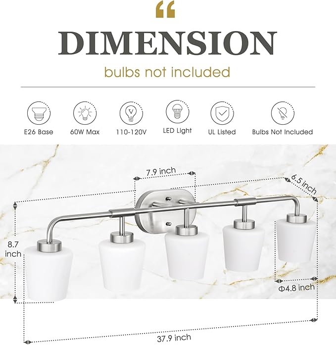 Bathroom Light Fixtures Over Mirror, 5-Light Brushed Nickel Vanity Lighting Fixtures with Milk White Glass, 38inch Farmhouse Wall Sconces Lighting, AD-22004-5W-SN