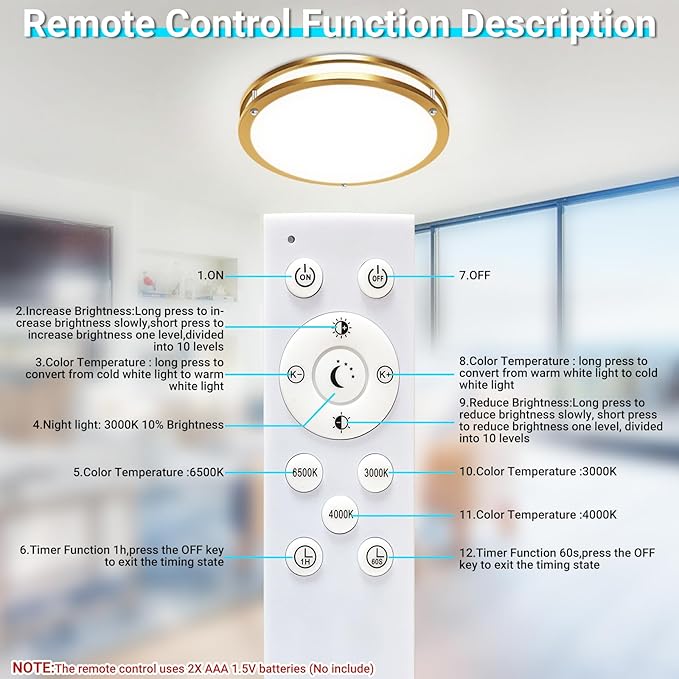 libtit 13Inch Gold Ceiling Light with Remote, Dimmable 5CCT 24W 2400lm Bright LED Flush Mount Lighting Fixture with Timer for Bedroom Kitchen Closets Hallway(3000k/3500k/4000k/5000k/6500k)