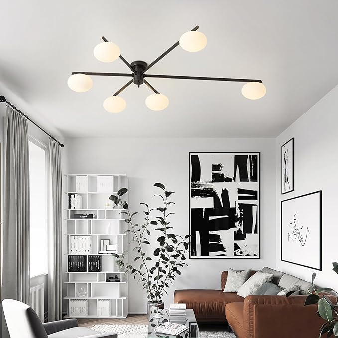 6-Light Mid Century Semi Flush Mount Black Matte Sputnik Chandelier Fixtures with Milk Glass Shade for Foyer MCL01-6 BK