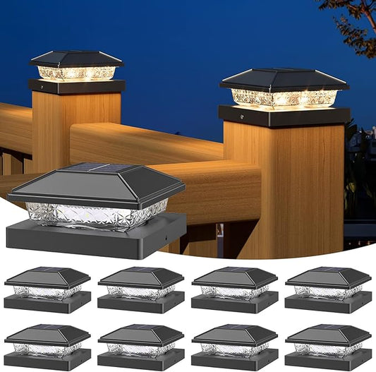 NIORSUN Solar Post Lights Outdoor, Fence Post Solar Lights Warm White, Waterproof, Garden Patio Fence Deck Decor, 4x4 Posts Cap Wood Vinyl, Black 8 Pack