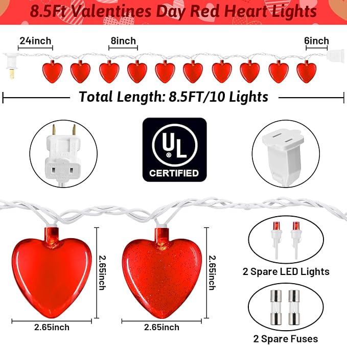 PASUTO Red Heart String Lights, 8.5Ft Valentines Day Decorations Light with 10 LED Red Heart Lights, Connectable Romantic Fairy Light for Wedding Valentine's Day Anniversary Indoor Party Decor