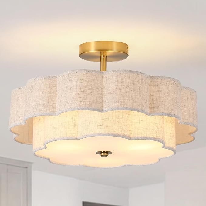 Modern Semi Flush Mount Ceiling Light ,17.7" Modern Gold Drum Ceiling Lighting Fixture with Linen Shade ,3-Light Vintage Lamp for Living Room, Bedroom, Kitchen, Dining Room, Hallway, Entryway