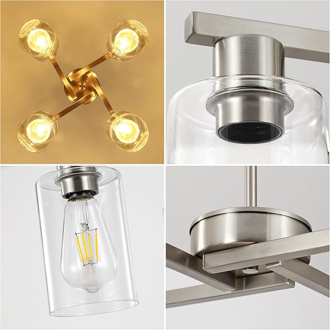 4-Light Brushed Nickel Dining Room Light Fixture, Modern Industrial Kitchen Chandelier Over Table, Adjustable Height Hanging Pendant Light for Kitchen Island, Entryway with Clear Glass Shade