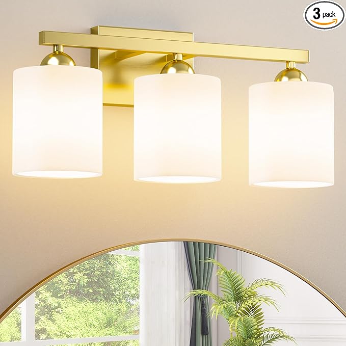 Quntis Gold Bathroom Light Fixtures Over Mirror 5 Colors Adjustable, 3-Light LED Bathroom Vanity Lighting with Milky White Frosted Glass Shade, Energy-Saving LED Vanity Light 18.9 inch