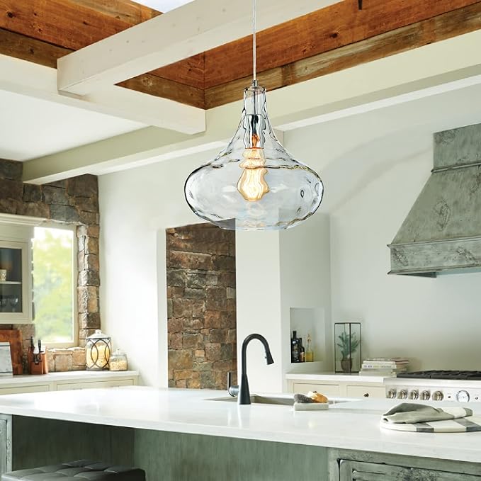 Farmhouse Vintage Glass Pendant Light with Handblown Hammered Shade - Adjustable Hanging Cord for Kitchen Island, Dining Room, Hallway - 11 Inch Chrome Ceiling Fixture