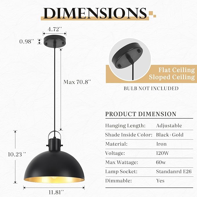 Black Pendant Light 2 Pack, 11.8 Inch Pendant Lights Kitchen Island, Dome Pendant Lights, Farmhouse Pendant Light for Kitchen Island, Dining Room, Living Room