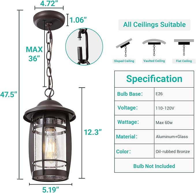 LOUSACE 1-Light Outdoor Pendant Light for Porch - Oil Rubbed Bronze Outdoor Chandelier Lantern Waterproof Aluminum Exterior Hanging Porch Light with Seeded Glass for Entrance, Gazebo, Patio, ETL List