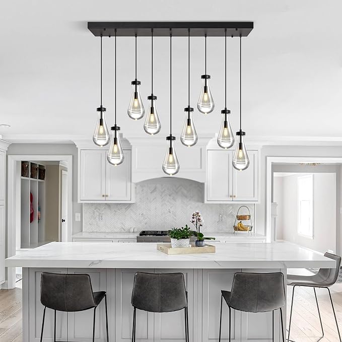 Modern Raindrop Pendant Lights Kitchen Island Teardrop Black Hanging Light Fixture Clear Solid Glass Chandeliers Crystal Pendant Light for Porch Living Room Dining Room(Long Plate-9 Lights)