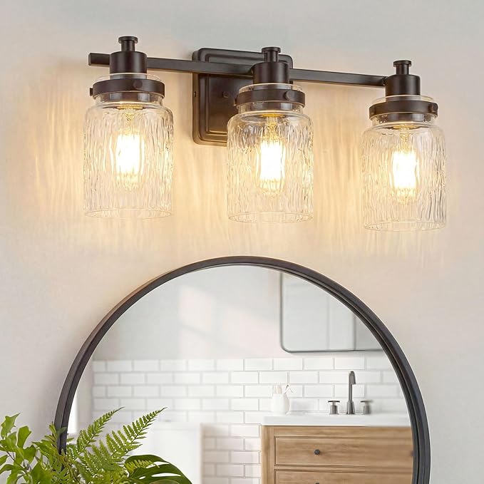 3 Lights Bathroom Light Fixtures Farmhouse Black Vanity Lights for Bathroom Lighting Fixtures Over Mirror with Hammered Glass Lampshade for Cabinet Mirror Bedroom Hallway